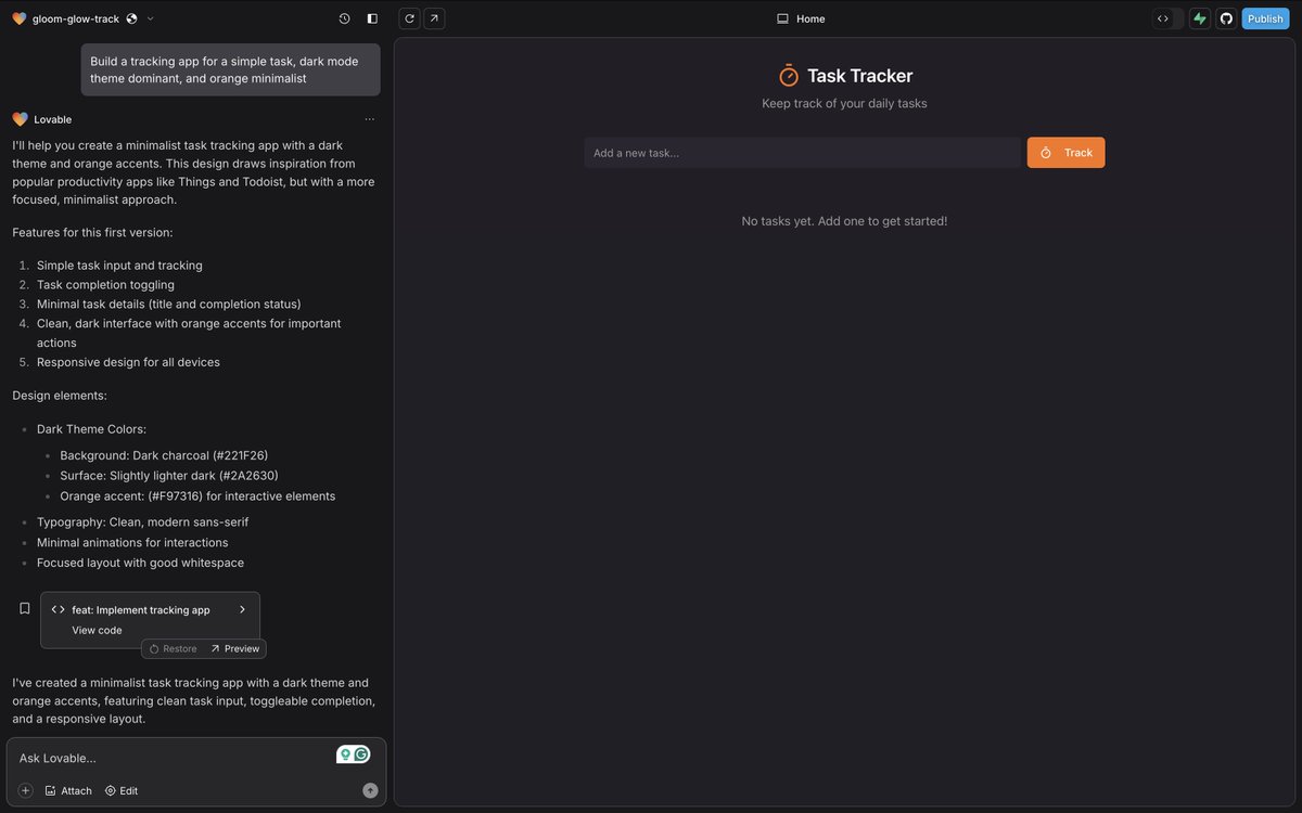 rainattack's tweet image. Try @lovable_dev prompt ↓

&apos;Build a tracking app for a simple task, dark mode theme dominant, and orange minimalist&apos;

Publish and edit on @github 

hi-tracking.lovable.app

#lovable #buildapp #ai