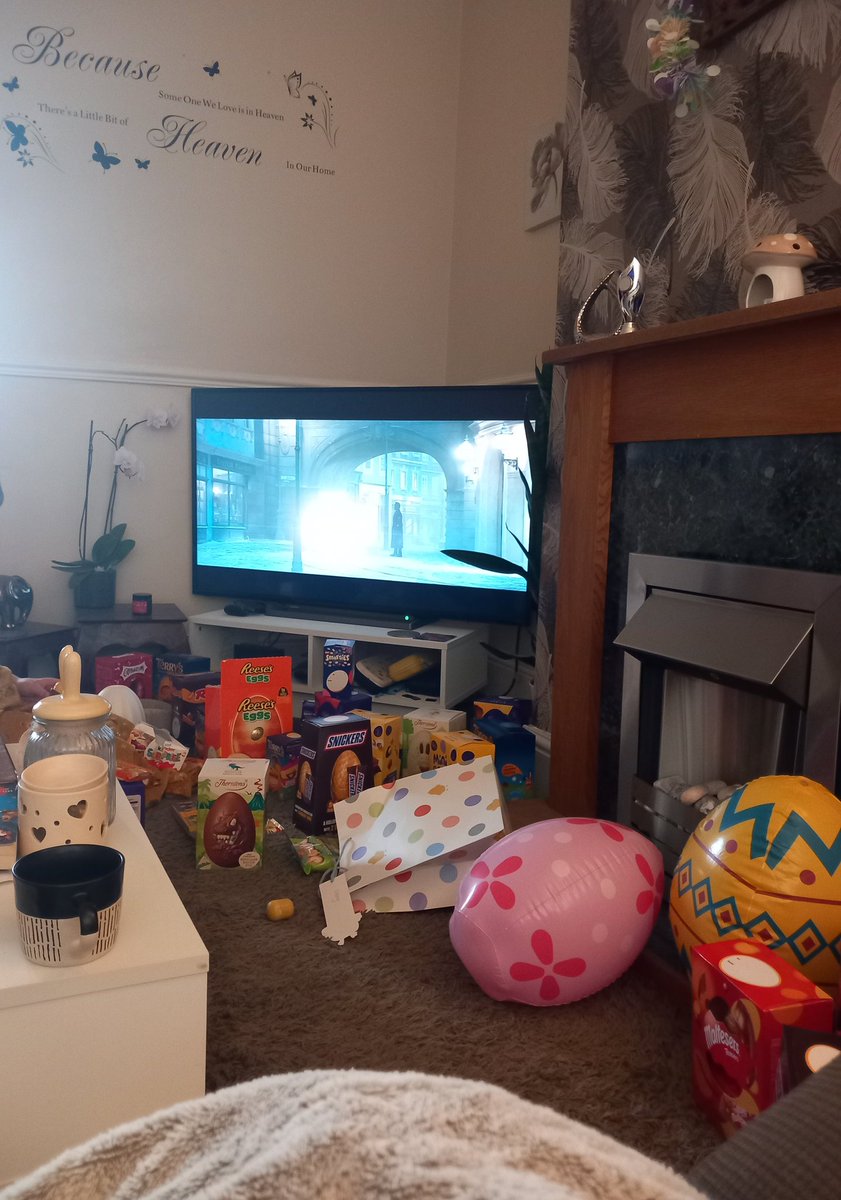 Easter Sunday , surrounded by choccie watching <a href="/WonkaMovie/">Wonka Movie</a> 
#Easter2025 
#Chocolate