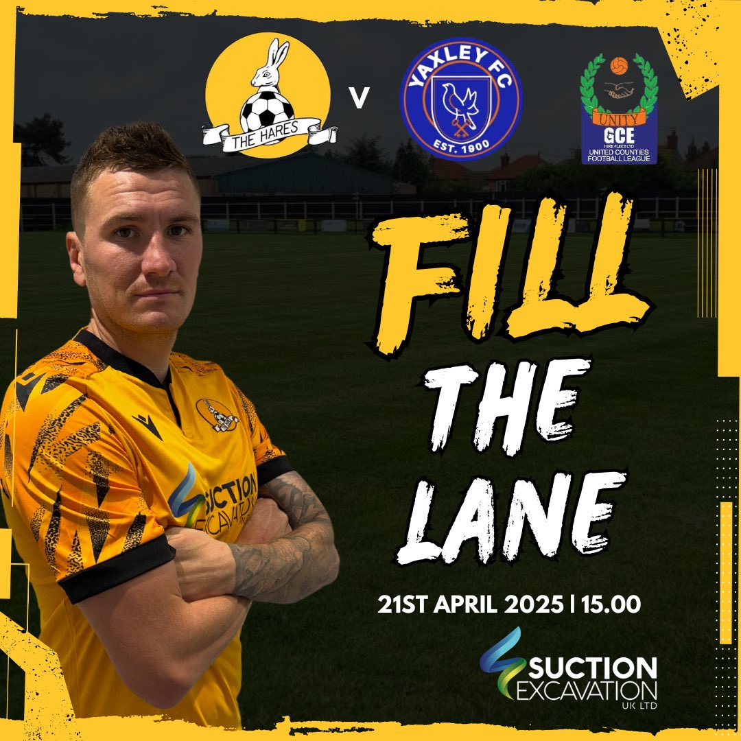 Tomorrow we wrap up our league campaign when we welcome <a href="/YaxleyFootball/">Yaxley Football Club</a> to RGF Lane. 
A must win game tomorrow as the hares look to secure a <a href="/utdcos/">UCL</a> South playoff spot. A massive crowd is needed so get your self to the lane this bank holiday Monday.
#fillthelane #upthehares