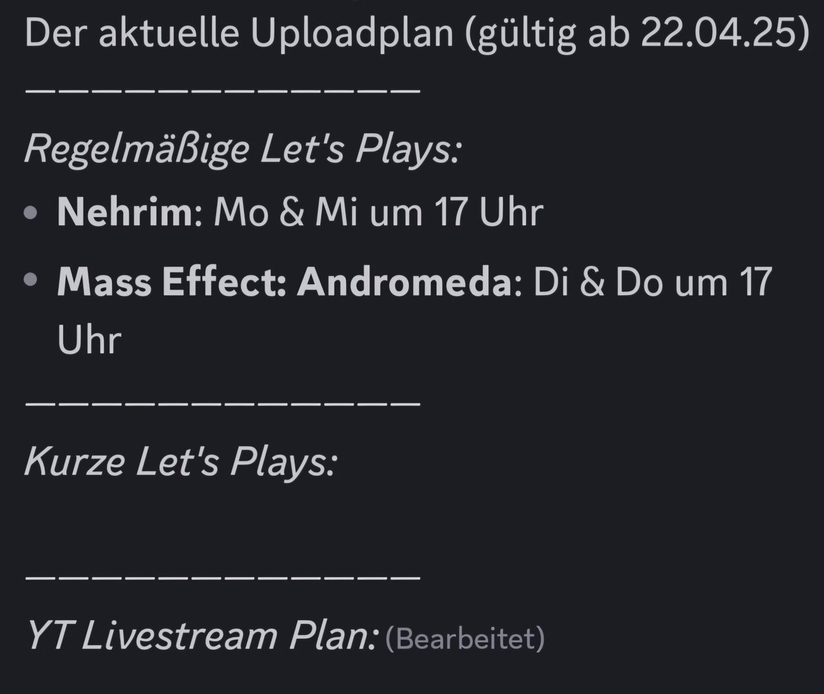 Frohe Ostern!

Kleines Update: meinem Hund geht es sehr gut- vielleicht bleibt er also doch noch was länger unter uns🥹🙏

Was den Kanal angeht, so kann ich leider den angedachten Uploadplan  nicht einhalten🫣 deswegen: neuer Uploadplan (s. 2. Bild)

LG 🧡

#YouTube #Ostern