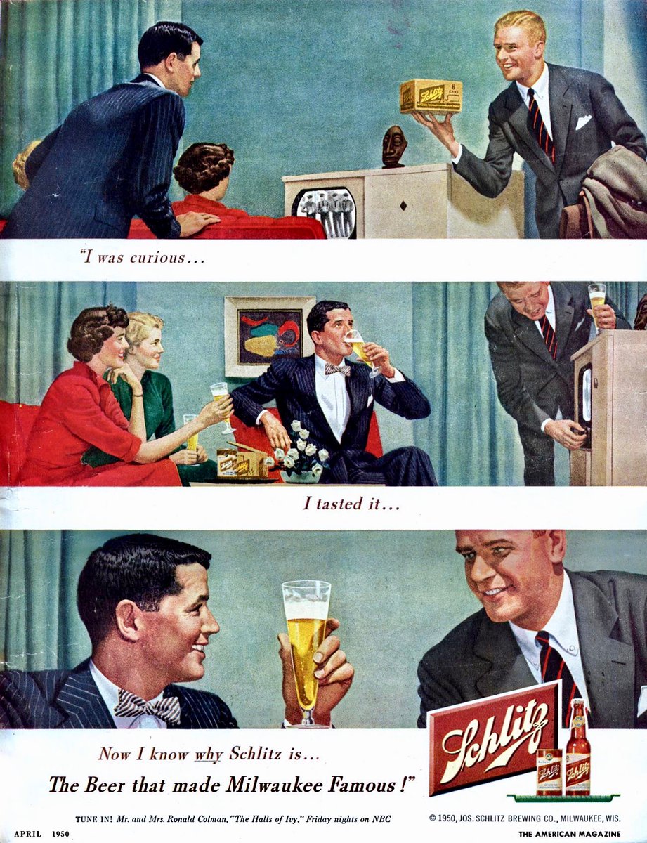 LRonLacy's tweet photo. Now I know why Schlitz is . . . The Beer that Made Milwaukee Famous!”
*The American Magazine*, April 1950
‘Tune In! Mr. and Mrs. Ronald Colman, “The Halls of Ivy,” Friday nights on NBC’
#beer #Schlitz #RonaldColman #TVprograms https://t.co/L5W96Ds2TZ