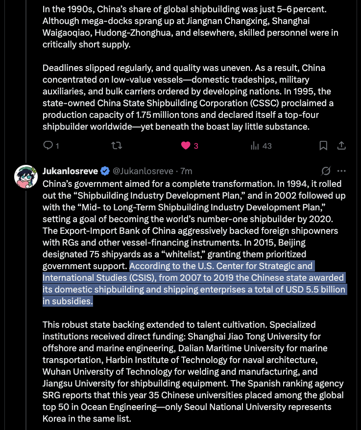 teortaxesTex's tweet photo. The wildest number in this: $5.5 billion 2007-2019. $460M/year. Such are “unfair Chinese subsidies” that enable crushing whole industries. The 340:1 gap in shipbuilding that Americans obsess over was bought for 20% of Anduril's valuation.
Consistent industrial policy >>>>> money. https://t.co/6ys2OfiB4k