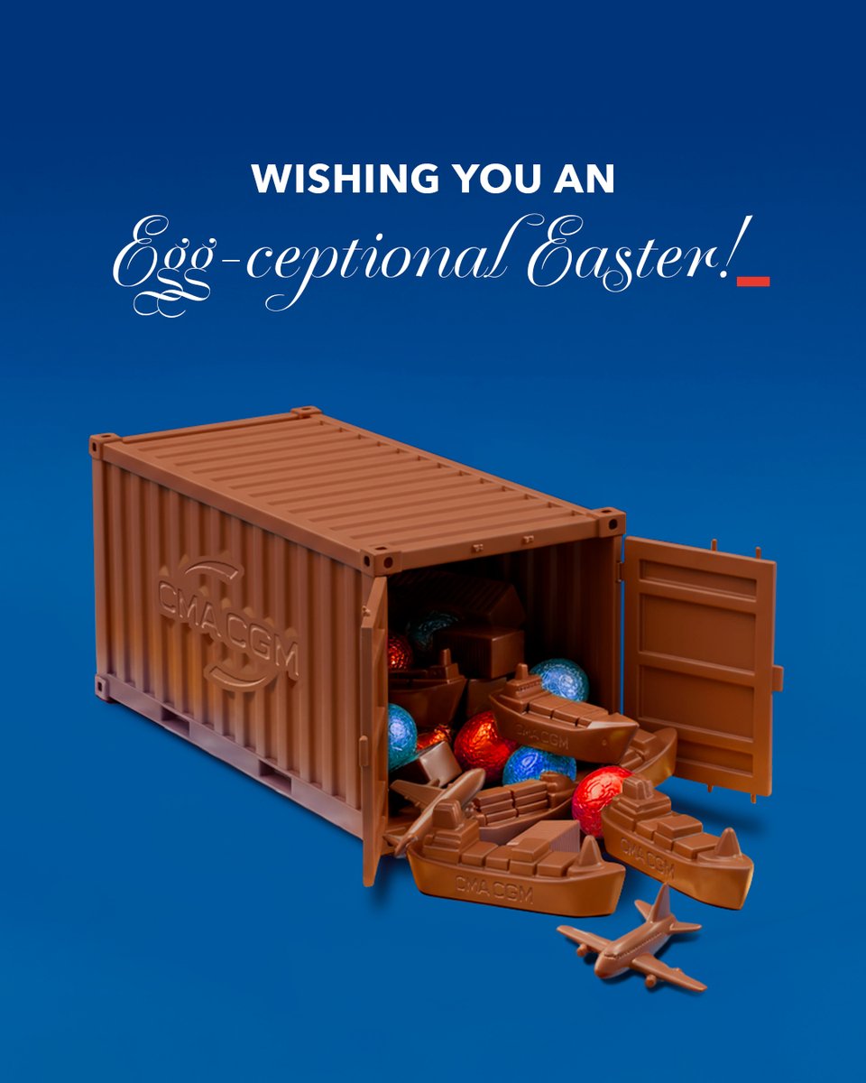 This Easter, enjoy an egg-stra sweet shipment 🍫

From France to North America, we transported over 900,000 tons of chocolate in 2024! Connecting cultures and delivering sweet moments, one container at a time. 

Happy Easter from CMA CGM! 

#CMACGM #HappyEaster