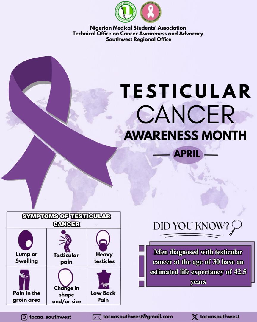Tocaasouthwest's tweet photo. Testicular cancer is a type of cancer that affects the testes. 

Avoid risk factors. Live a healthy lifestyle. If you’re at risk, get screened.
Early detection saves lives.

#TesticularCancerAwarenessMonth
#TOCAASW
©️NIMSA TOCAA Southwest https://t.co/6BxhbQv8vG