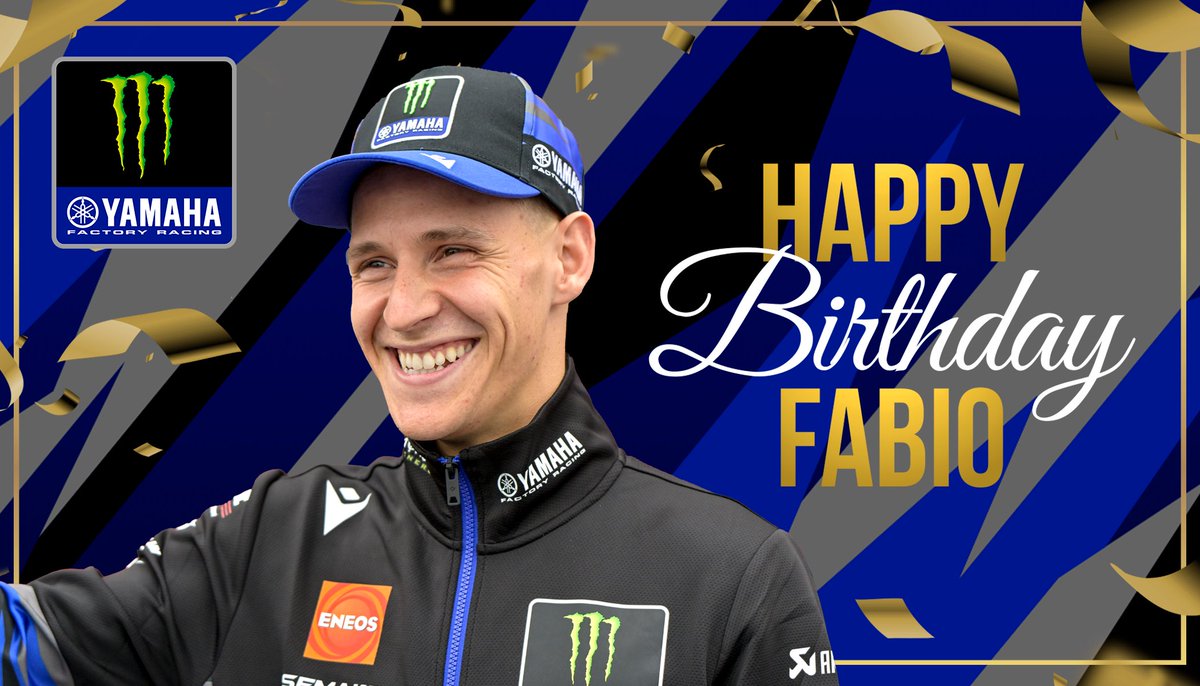 YamahaMotoGP's tweet photo. Happy 2️⃣6️⃣th birthday, Fabio! 🥳

We will of course congratulate you in person when we see you in Jerez next week, but until then we wish you an amazing day with your friends and family! 🫶

#HappyBirthday | #MonsterYamaha | #YamahaMotoGP | #MotoGP | #FQ20 | #FabioQuartararo https://t.co/A2cqJts9uk