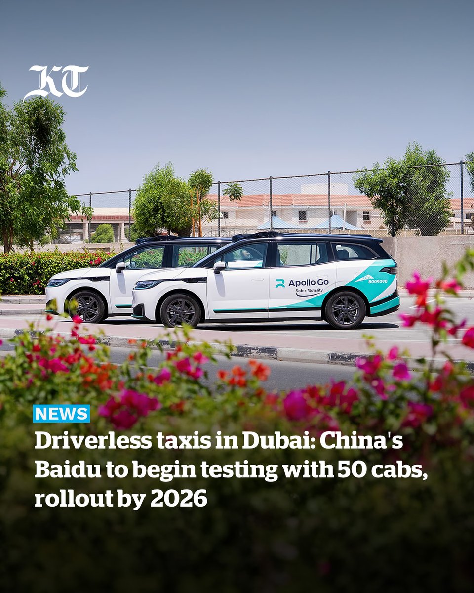 khaleejtimes's tweet photo. #Dubai will soon trial Baidu’s autonomous ride-hailing service, #Apollo, leading to the official launch of the #driverlesstaxis in 2026
The #RTA signed a Memorandum of Understanding (MoU) to roll out the autonomous taxis on a "large scale"
https://t.co/OJ2FJRzhgN https://t.co/KEB3hlUV79
