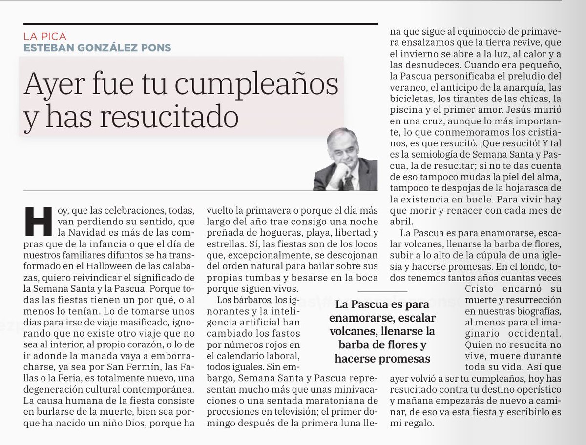 Magdalena de Guzmán (@magdeguzman) on Twitter photo “La Pascua es para enamorarse, escalar volcanes, llenarse la barba de flores, subir a lo alto de la cúpula de una iglesia y hacerse promesas.”
La Pica de <a href="/gonzalezpons/">González Pons</a> de hoy.
Puedes leerlas todas en t.me/gonzalezpons “La Pascua es para enamorarse, escalar volcanes, llenarse la barba de flores, subir a lo alto de la cúpula de una iglesia y hacerse promesas.”
La Pica de <a href="/gonzalezpons/">González Pons</a> de hoy.
Puedes leerlas todas en t.me/gonzalezpons