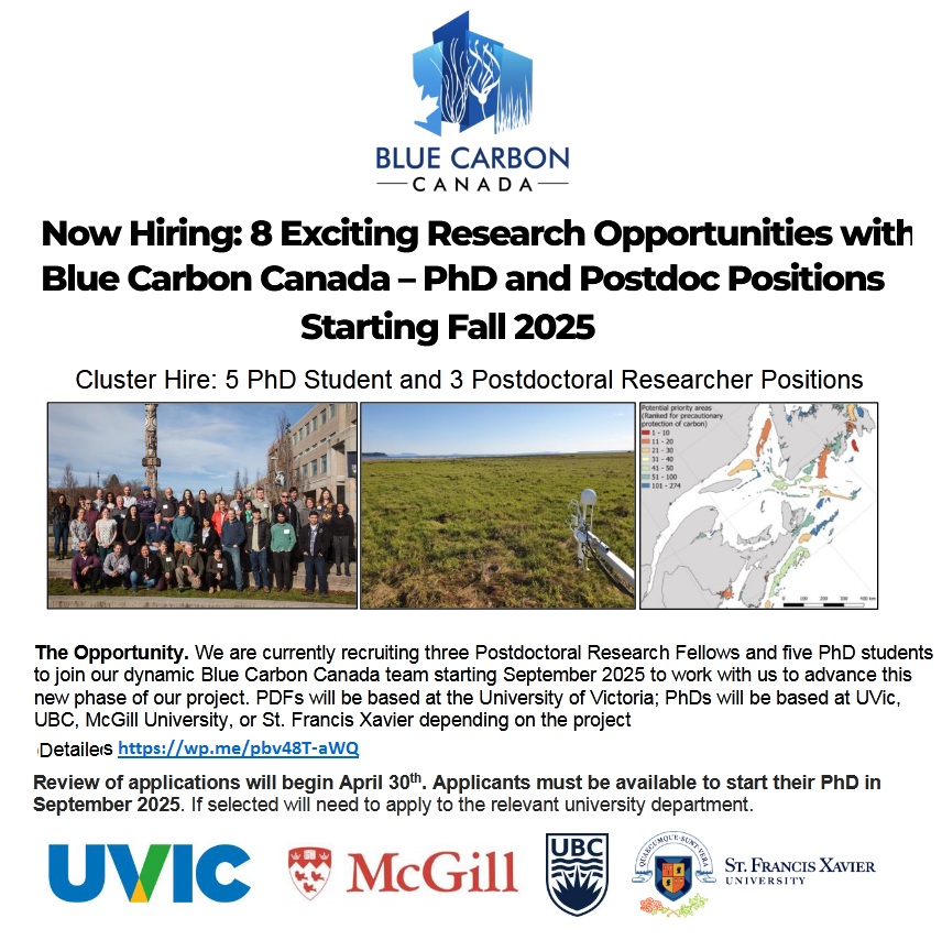 agristok's tweet photo. 🎓 Now Hiring: 8 Exciting Research Opportunities with Blue Carbon Canada 🇨🇦– PhD and Postdoc Positions Starting Fall 2025, See details at: https://t.co/v7ZPvngH0t https://t.co/dmcHTkeqY5