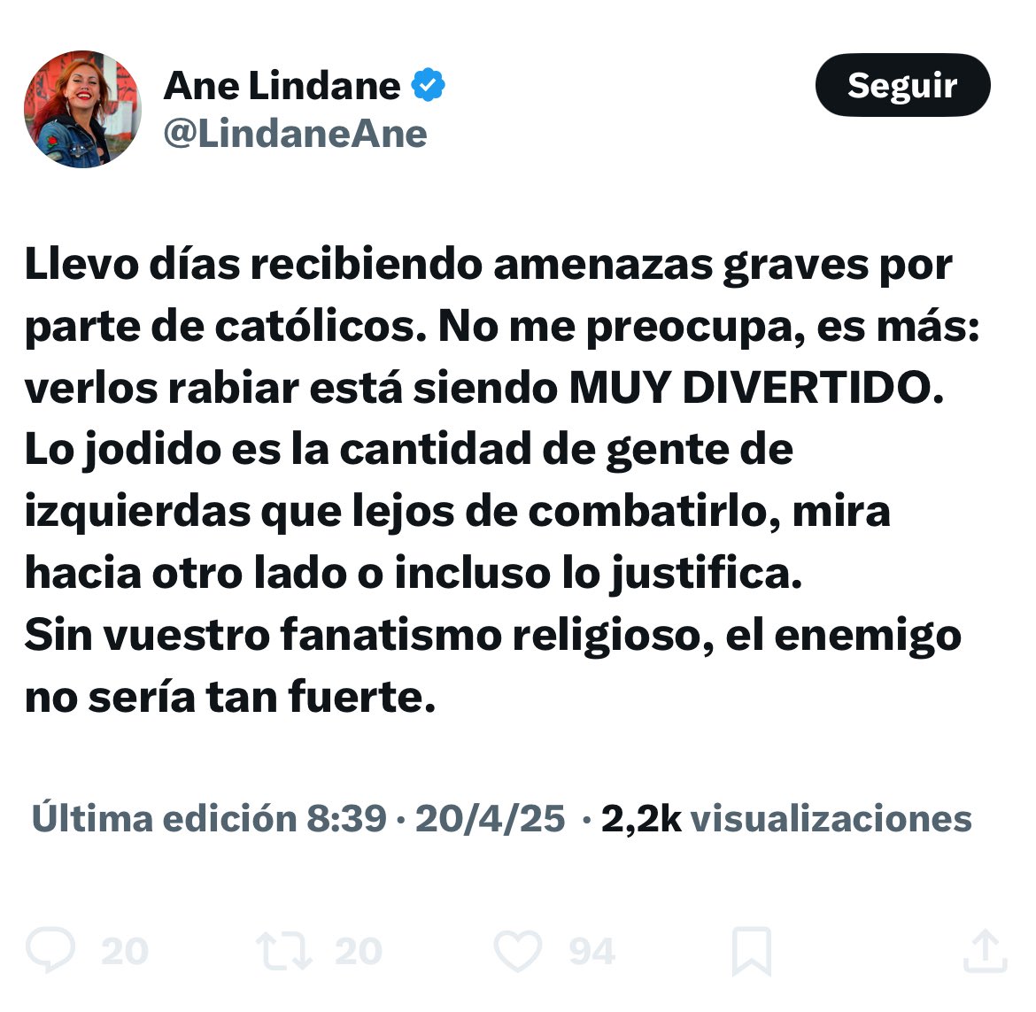 Cuando no le gusta lo que le dicen, bloqueo;ella puede insultar a todo cristo pero no nos deja el derecho a replica. Ahora si te lo voy a decir: puta amargada, asquerosa; eres la puta vergüenza del país vasco;con gente como tú nace la mala fama de la gente del norte <a href="/LindaneAne/">Ane Lindane</a>