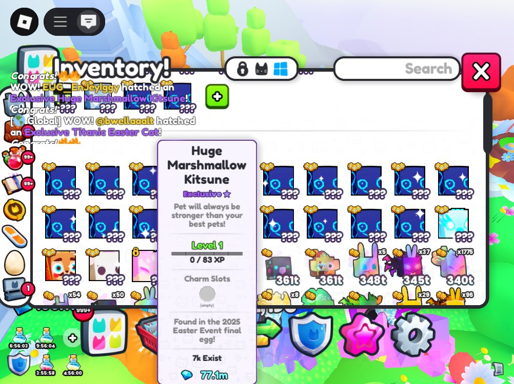 EugamusOrig2's tweet photo. My eldest son #theignatius1225 hatched a huge marshmallow kitsune. Additional clan points as well. :O
#Ps99 #PureF2PLuck #2ndHuge #EasterEvent2025 https://t.co/cR2AnogwIF