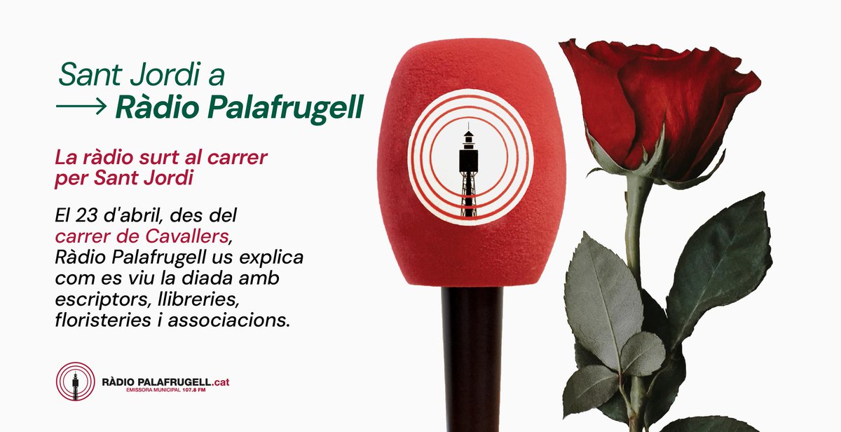RPalafrugellFM's tweet photo. 🌹🐉 Tot a punt per viure un nou Sant Jordi a Ràdio Palafrugell! Aquest dimecres serem al carrer de Cavallers per parlar amb els protagonistes i explicar com es viu la diada
📚 A partir de les 11 del matí, escolta'ns al 107.8 FM o a https://t.co/kHKnYJkveo https://t.co/53imdH8FJi
