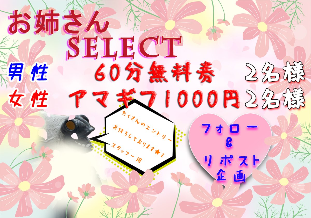 oneesan_Select's tweet photo. お姉さんSelectプレゼント企画

☆第二弾☆
【男性】60分コース無料券　2名
【女性】アマギフ1000円　2名
合計4名様に当たります！

☆応募方法☆
① @oneesan_Select と @bunchan727 をフォロー
②こちらのポストを【いいね】【RP】で応募完了♪

4/30(水)21:00締切

#拡散希望
#Selectプレゼント係 https://t.co/Sf9zk3nJjH