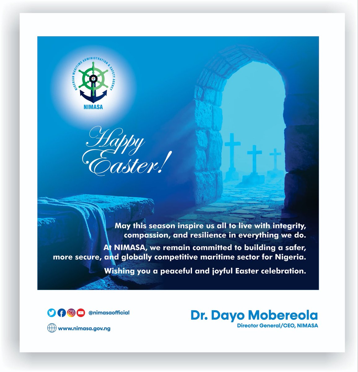 Let this season inspire us to act with integrity, compassion, and resilience in all our endeavours. 

We at NIMASA are committed to build a safer, more secure, and globally competitive maritime sector for Nigeria.

Wishing you a peaceful and happy Easter celebration