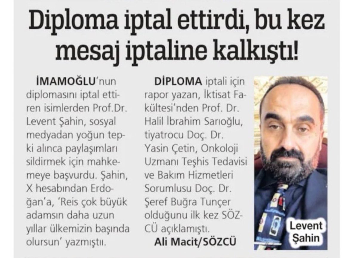 Ekrem İmamoğlu’nun diplomasını iptali için oy kullanan Levent Şahin, kendisine tepki gelince hakkındaki haberlere ve tweetlere erişim engili getirmeye başladı. 

Sözcü-Ali Macit