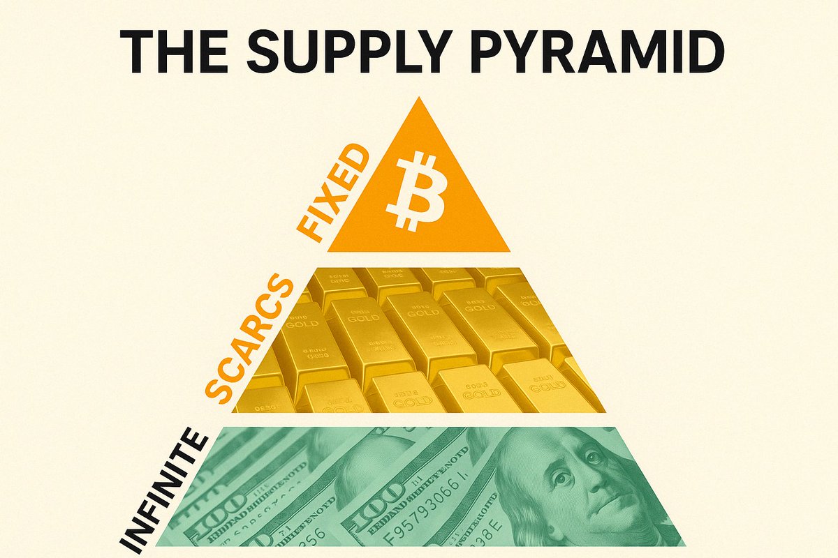 The Supply Pyramid: Why Bitcoin Stands at the Top

Fiat can be printed infinitely and constantly loses value. Gold is scarce but its supply can increase. BTC has a fixed supply with only 21 million that will ever exist.

That’s why BTC is the only unstoppable and reliable money.