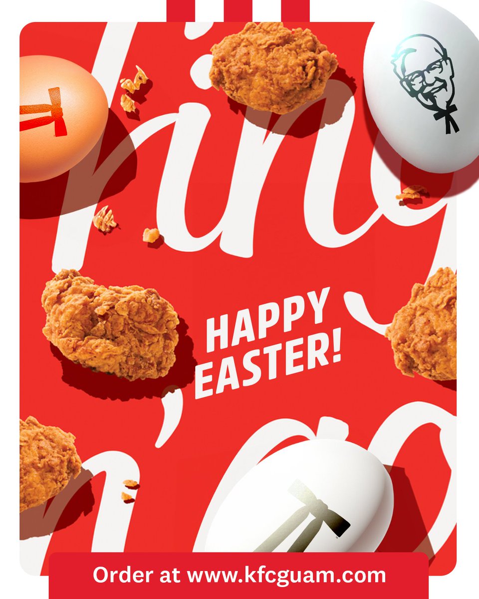 KFC_Guam's tweet photo. Hop into happiness with some Easter treats! 🐰 ✨ Wishing you a joyful Easter from all of us at KFC Guam!

Get it today at KFC Guam! Online ordering available through Good To Go and Uno Go. Visit the link to order online: https://t.co/lNbpAqw0JB

#KFCGuam #EasterEats https://t.co/C1nH7TYHaY