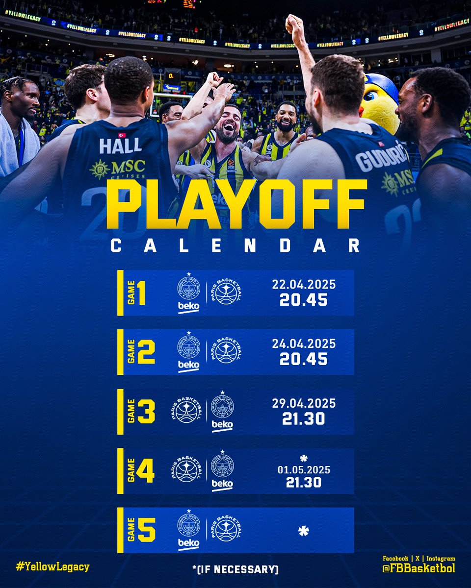 Playoff heyecanı için geri sayım sürerken, eşleşmenin maç takvimine göz atalım! 🗓️💛💙

#YellowLegacy #EuroLeague