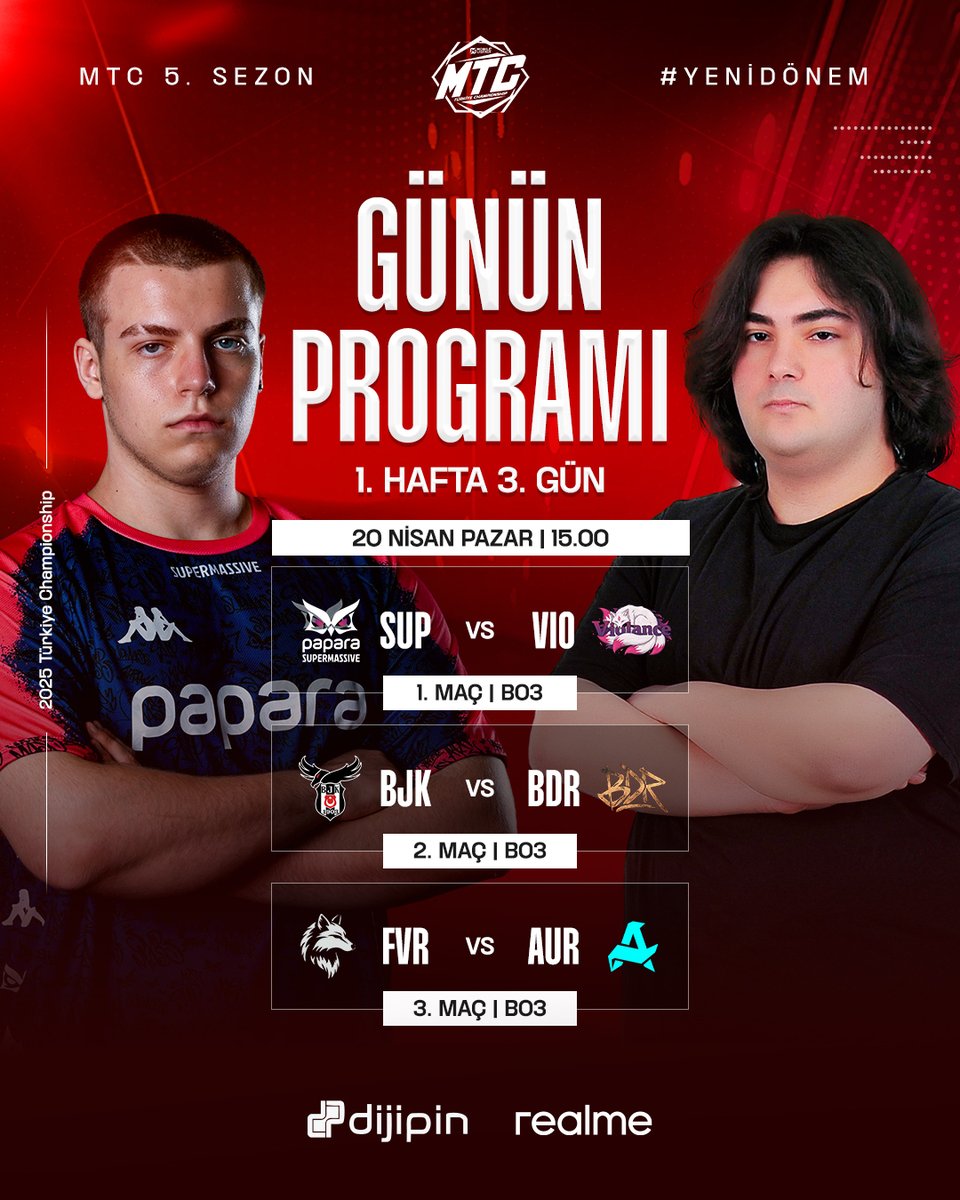 İlk haftanın son günü geldi çattı!

Papara SuperMassive vs Violance
Beşiktaş Esports vs Bad Idea Right
Feveran vs Aurora Türkiye

Yayın Başlangıcı: 20 Nisan Pazar 15.00

Maç tahminlerinizi yorumlarda görelim 👇🏻

#MTCS5 #MLBB_MTC #MobileLegendsBangBangTürkiye #mlbbtr #YeniDönem