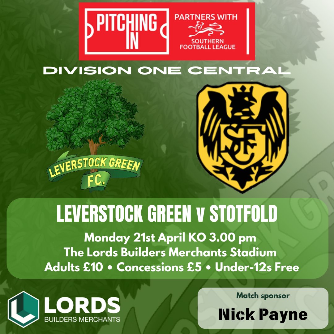 levgreenfc's tweet photo. ➡️ NEXT UP

Our fate could be decided tomorrow. It's our final home game of the season when we face @stotfoldfc on Easter Monday, and we need a big Levy support there!

#UpTheTrees https://t.co/1dp8BHuzXY