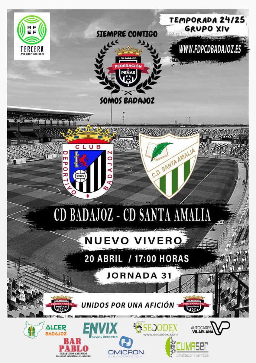 FEDERACIÓN DE PEÑAS DEL CD BADAJOZ (@fdp_cdb) on Twitter photo 🚨⚽ ᎻᎾᎽ ᎬᏕ ᎠłᎯ ᎠᎬ ᏰᎯᎠᎯ ⚽🚨
La Semana Santa no es buen momento para perder la fe 😇
Y menos un Domingo de Resurrección 🙌🏼
Quedan 4 partidos 🔀 4 oportunidades
Y vamos a ganar las 4
🕔 17:00 <a href="/CDBadajoz/">CD Badajoz</a> ⚔️ <a href="/CDSantaAmalia/">C. D. Santa Amalia</a>
#AupaCDB ⚪⚫ #SiempreContigo 🚨⚽ ᎻᎾᎽ ᎬᏕ ᎠłᎯ ᎠᎬ ᏰᎯᎠᎯ ⚽🚨
La Semana Santa no es buen momento para perder la fe 😇
Y menos un Domingo de Resurrección 🙌🏼
Quedan 4 partidos 🔀 4 oportunidades
Y vamos a ganar las 4
🕔 17:00 <a href="/CDBadajoz/">CD Badajoz</a> ⚔️ <a href="/CDSantaAmalia/">C. D. Santa Amalia</a>
#AupaCDB ⚪⚫ #SiempreContigo