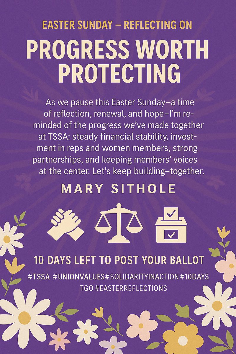 funkiemary's tweet photo. 10 Days to Go. Let’s Keep Building!
This Easter Sunday, I’m reflecting on how far we’ve come @TSSAunion, financial stability, empowering reps & women, and keeping members’ voices at the centre.
Let’s protect that progress.
Vote Mary4Treasurer.
#TSSA #UnionValues #10DaysToGo https://t.co/LqL1qVhDVs