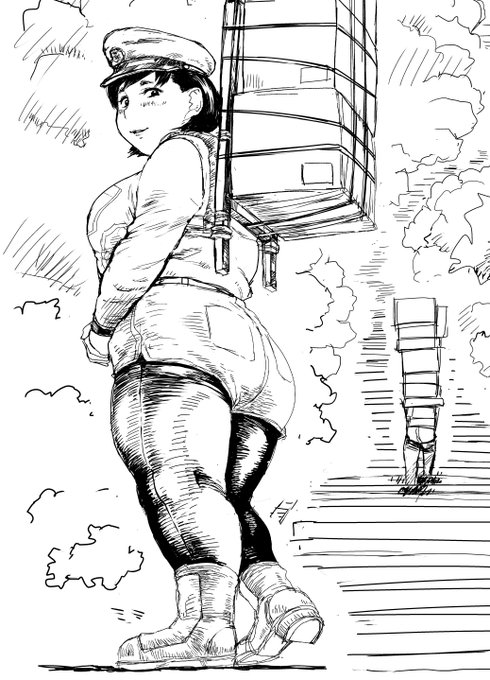 (ラクガキ)とある軍隊の補給部隊の女性兵。ヘリの降りられない山頂の国境の監視警備小屋まで物資を徒歩で運ぶ。詳細設定はPIXIVFANBOX 