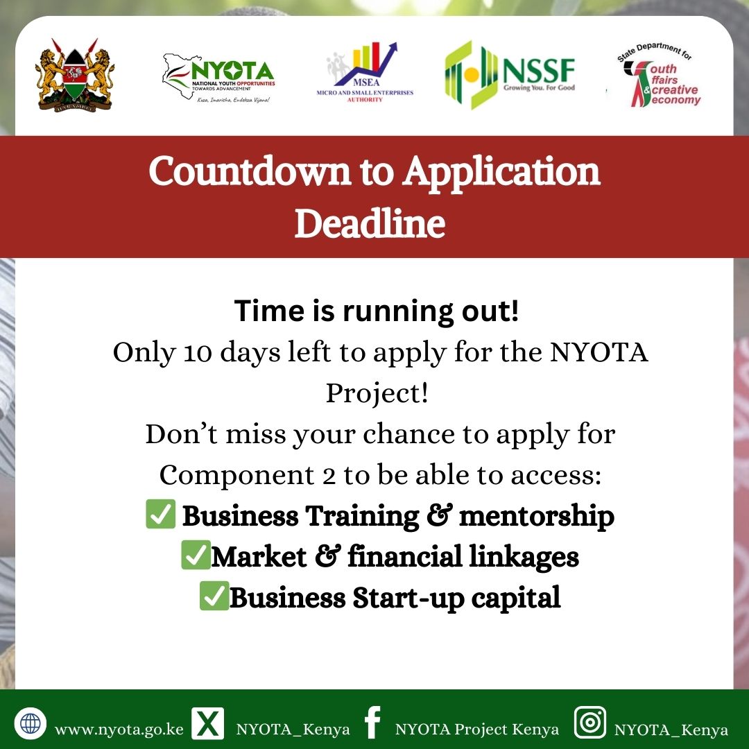 NYOTA_Kenya's tweet image. 📌 10 days to go! Don't be locked out apply today. 

Dial the USSD code *254# select NYOTA Project and apply. 

Visit nyotaproject.go.ke or call us on 0800 222 221 for more information. 

@Waziri_Mvurya @fikirini_jacobs #KuzaImarishaEndelezaVijana #NYOTAProjectKe