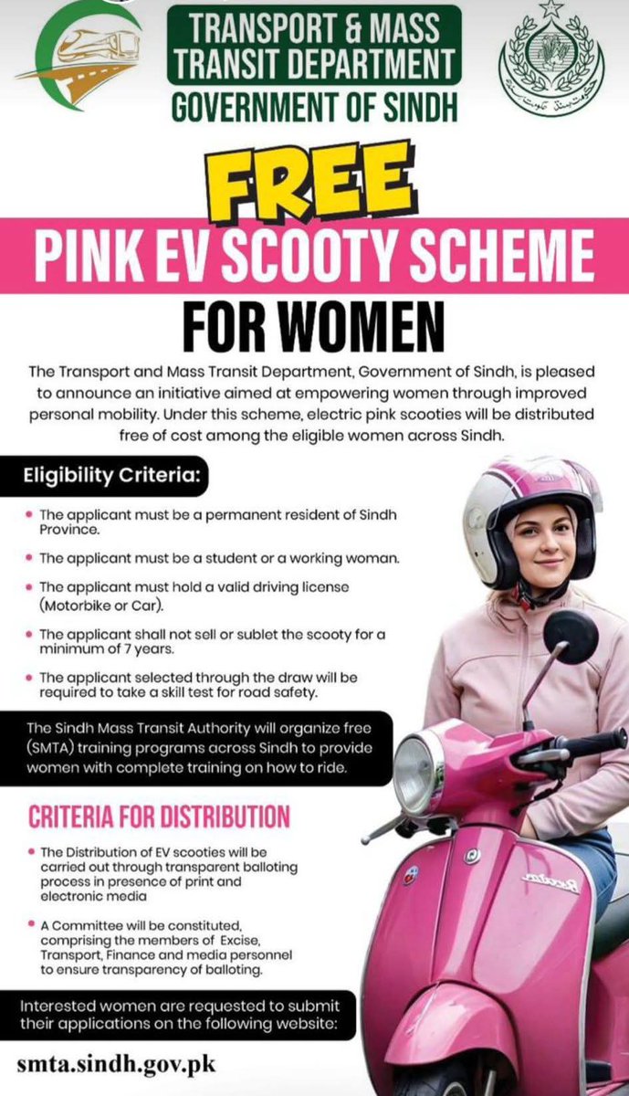 baksher_boto321's tweet image. سندھ حکومت پاکستان کی پہلی مفت پنک ای وی اسکوٹرز اسکیم شروع کرنے کے لیے تیار ہے، جس کا مقصد بہتر ذاتی نقل و حرکت کے ذریعے خواتین کو بااختیار بنانا ہے۔  
خدمت میں سب سے آگے سندھ 
#ProgressiveSindh #VisionSindh
#SindhGovernment #KhidmatMeinSabseAgaySindh
@BBhuttoZardari