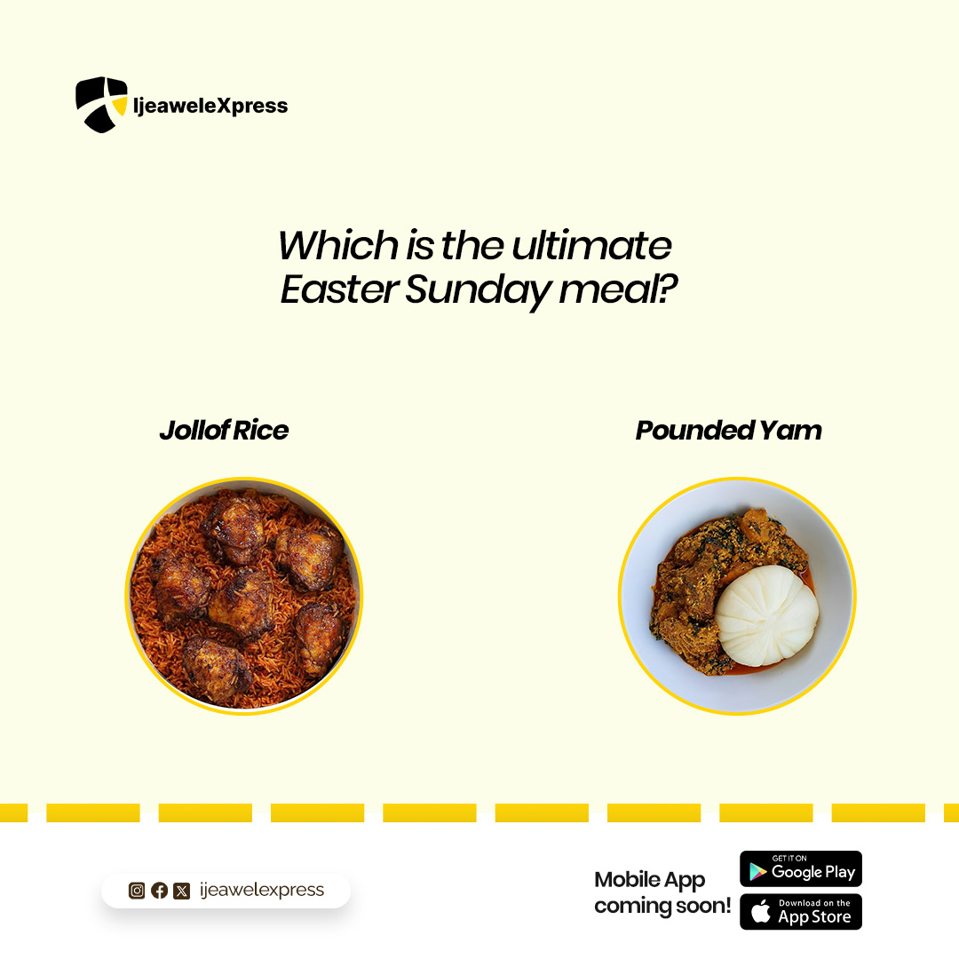 IjeaweleXpress's tweet image. "Easter Sunday rice or Pounded Yam &amp;amp; Egusi? 🍛 
Which one wins for you?"" Drop your prefernces in the comments! 

#ijeaweleeat #nigerianfoodie #sundaymeal #hungerbuster #naijadelicacy #foodpoll #supportlocalbusinesses #hotmeals #easyordering #deliveredfresh #naijafoodculture