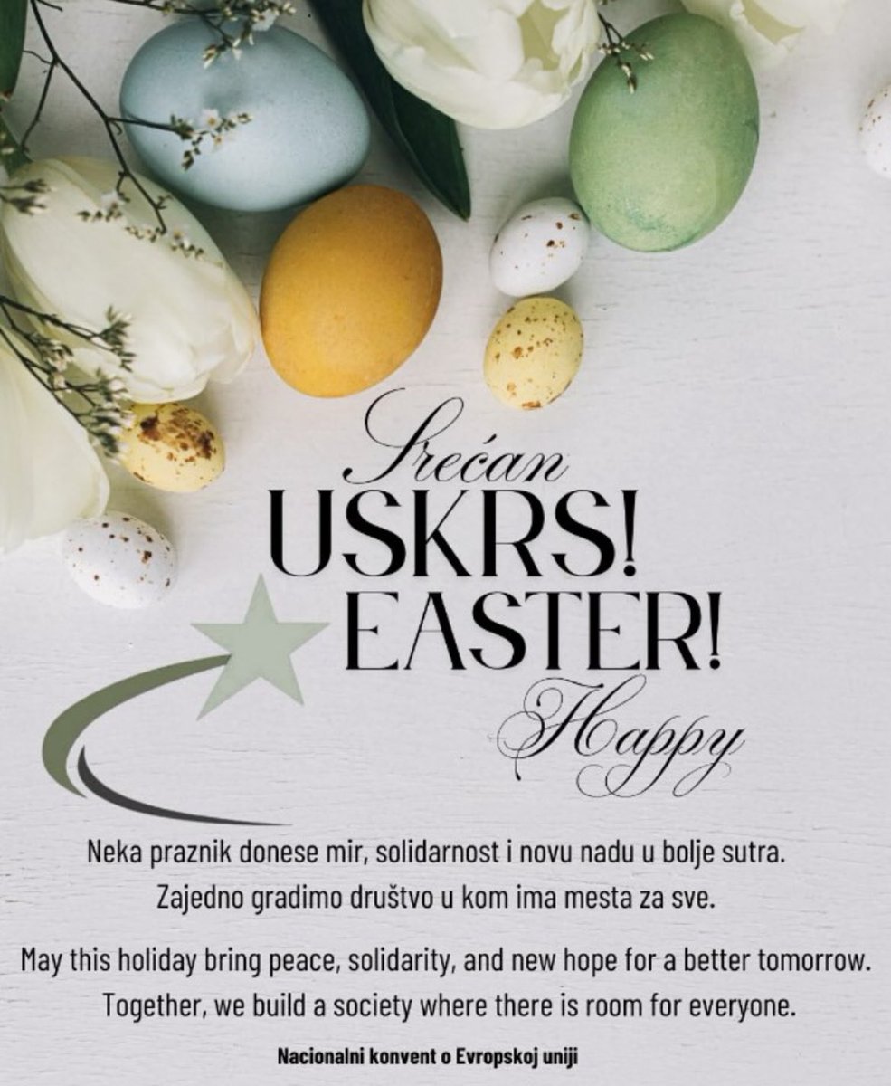 Svim članovima NKEU, prijateljima, partnerima i kolegama koji danas slave Uskrs, upućujemo iskrene čestitke i želimo mir, radost i blagostanje!

To all NCEU members, friends, partners, and colleagues celebrating today, we extend our heartfelt wishes for a joyful, peaceful, and