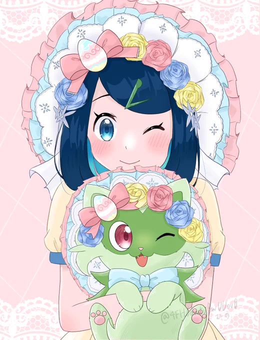 リコちゃんとニャオハのイースター衣装を描いてみました! #リコ #ニャオハ #アニポケ #pokemon #ポケモンファンアート #pokemonfanart #イースター