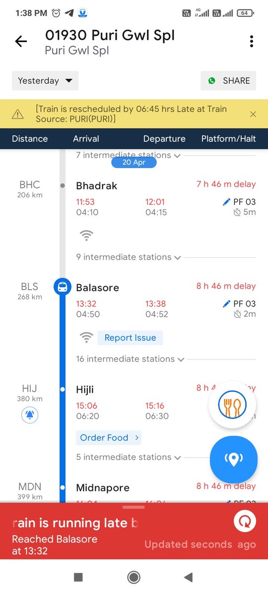 SAPYNIC's tweet photo. #railwayminister 
#railminindia
#railministry #centralrailway #easternrailway #northrailway  firstly train is rescheduled 6:30 hrs late

Now train is running  9 hrs late
Plz understand the pain of passanger.  
Health and financial situation. 
01930puri gwl spl train https://t.co/u6fcuf0J5j