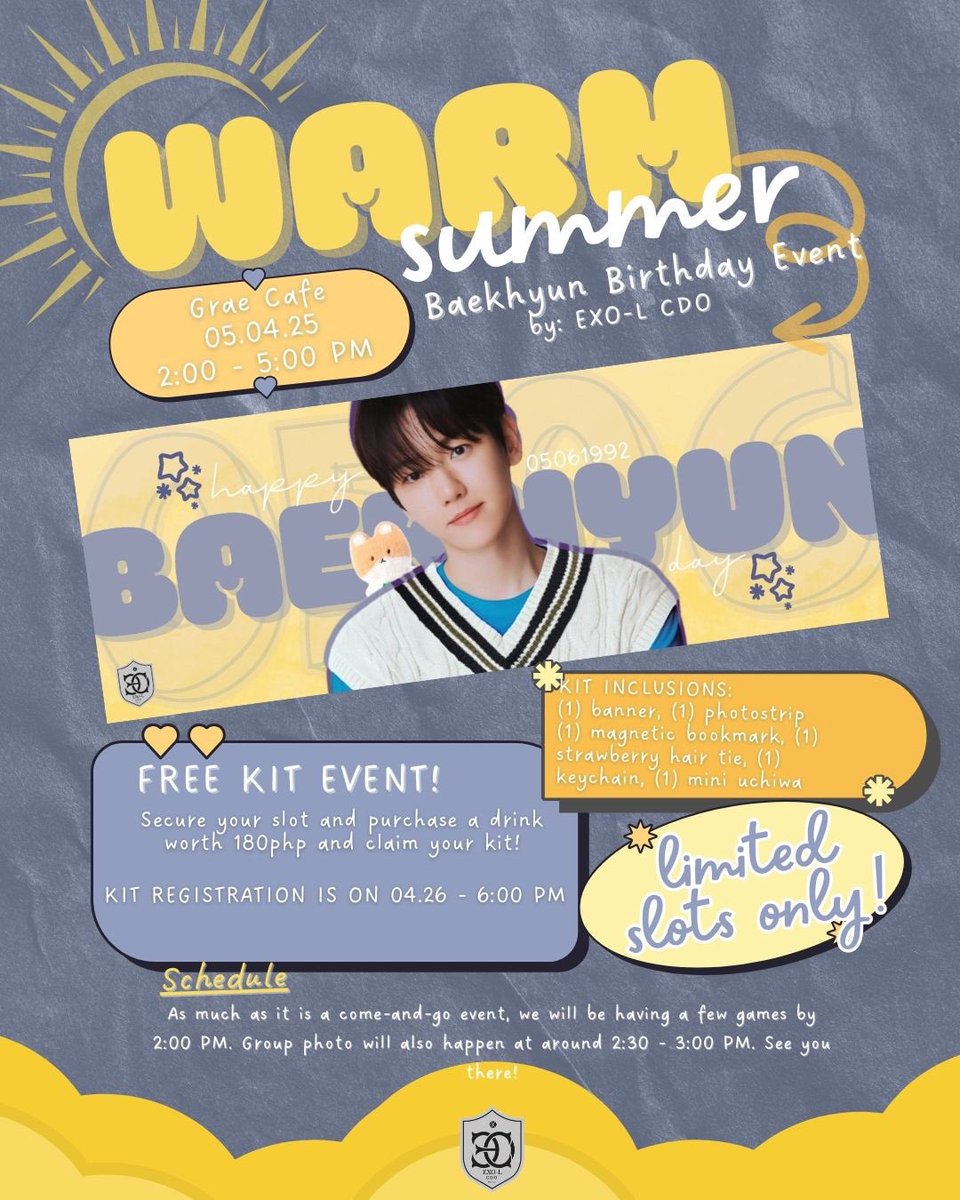 EXOLCDO's tweet photo. ☀️𝐖𝐀𝐑𝐌 𝐒𝐔𝐌𝐌𝐄𝐑☀️
𝔹𝕒𝕖𝕜𝕙𝕪𝕦𝕟 𝔹𝕚𝕣𝕥𝕙𝕕𝕒𝕪 𝔽𝕣𝕖𝕖 𝕂𝕚𝕥 𝔼𝕧𝕖𝕟𝕥

Feeling Warm this summer? Meet us there and we’ll be higher than the exosphere! Celebrating the brightest slice of sunshine on his special day 💛

Registration is on April 26 — 6:00 PM https://t.co/rDbEXfNuqp