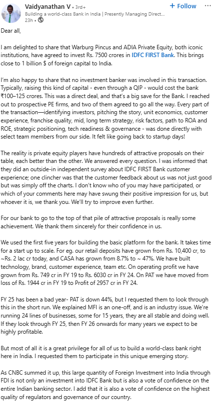 ZenNivesh's tweet photo. Depending upon "The Kindness of Strangers"

Warren Buffett coined the phrase.

Prof. Sanjay Bakshi made it popular.

"If a business could do that without recourse to outside capital markets – no dilution, no need for borrowing money, there’s preferably large positive free cash flow which is sufficient to fund all growth, then there is no need to depend on outside capital markets or, as what Buffett calls it." - Prof Bakshi

Let us look at one Bank as an example. 

IDFC First Bank

This is what  Mr. Vaidyanathan shared on LinkedIn yesterday.

Should we celebrate it or look at it with a "The Kindness of Strangers" lens?

Yes, scaling up the banking and finance business is not easy. You need equity fundraising from time to time.

But when you compare it with the banks that have done a phenomenal job over decades, you will see that while all good banks have diluted equity over the years, their rate of change in equity capital and their size of equity capital is very small compared to IDFC First Bank.

And it shows up in the ROE.

You can see how the ROE of IDFC First Bank is the lowest. Even though it increased from 3% (5-yr avg) to 10% in the last year, with this new giant fundraising, IDFC has further kicked the ROE can forward by at least 3-4 years.

See, we have deep respect for MR. Vaidyanathan and other promoters. It is not a post to mock anyone. 

Also, we have deep respect for investors who identify and invest in stocks that are available at an attractive valuation and may experience a very high rate of positive change that will help them get high returns. Investing in IDFC Bank may qualify for the same.

However, our view, at Zen Nivesh, is simple.

IDFC First Bank is significantly exposed to the risk of "Depending Upon The Kindness of Strangers".

"You Only Have To Get Unlucky Once"- Prof Sanjay Bakshi
Thanks for reading🙏

If you find value in the post, just 2 steps can help us grow our new venture:

1.  FOLLOW @ZenNivesh 
2. REPOST this post

That will help us to reach out to more investors.
