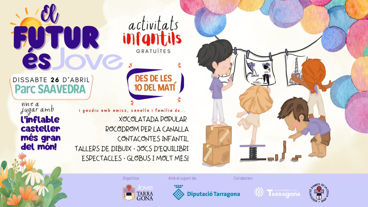 JoveDeTarragona's tweet image. 🤹🏻 El proper dissabte torna El Futur és Jove! Un dia ple de tallers, animació, espectacles, inflables i de tot per a la canalla de la ciutat!

🙌🏻 Amb qui vindràs?

#TornaLaJove #castells #Tarragona