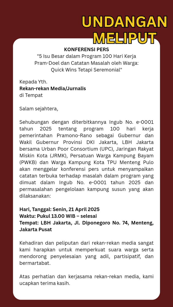 Ditunggu kehadirannya, teman-teman media dan jurnalis. 
#kampungsusunbayam #kampungsusun #pwkb 

<a href="/salam4jari/">salam4jari</a> <a href="/JRMK_Jakarta/">Jaringan Rakyat Miskin Kota Jakarta</a>