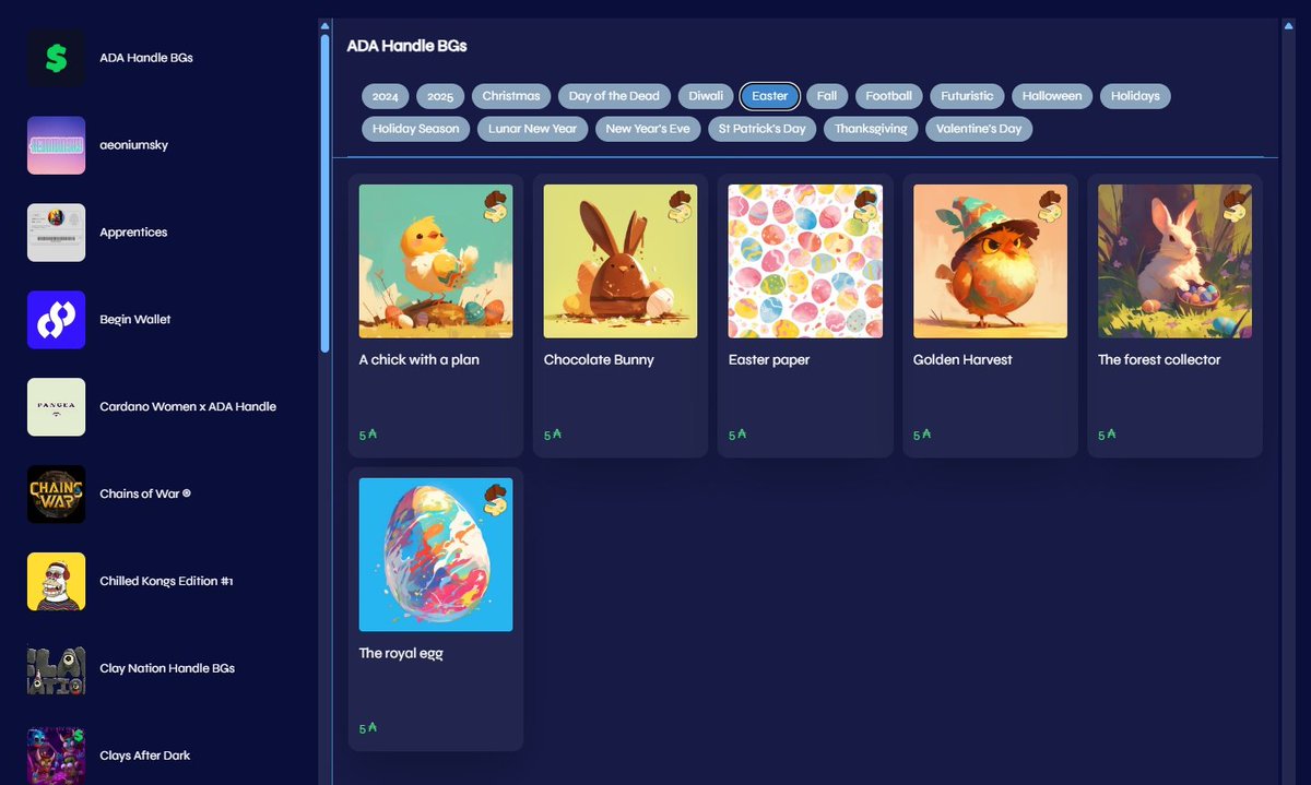 The Easter Collection is Live!🙌

👉 Thanks to Cardano anyone can Personalize their ADA $handle
 
- 6 New Backgrounds to choose from

Happy Easter Cardano!💲🐰