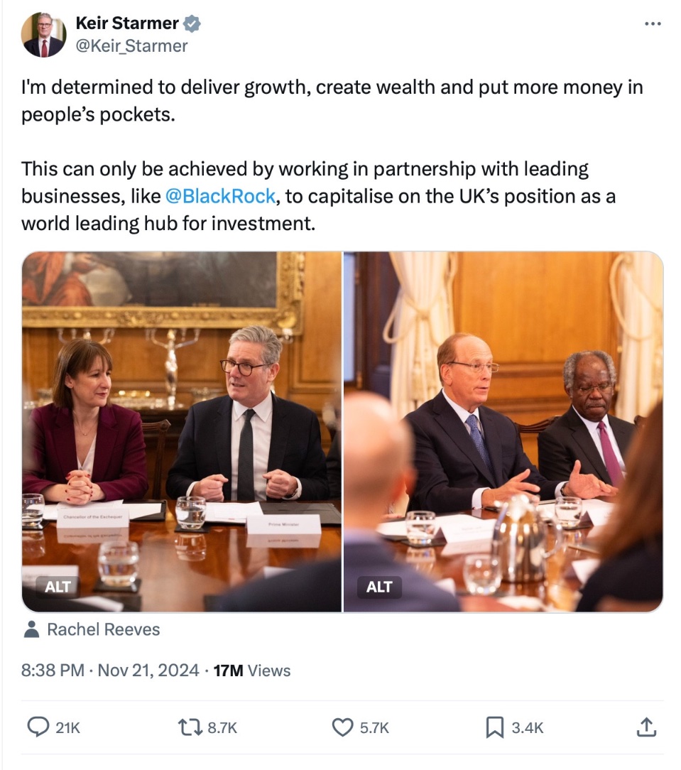 EuropeanPowell's tweet photo. Cannot stand this pantomime of deflection.
The public is sick and tired of this net-zero blame game, it's obscene. Statistically, the number one issue on people's minds is the environment, which is above taxation, the NHS, and the rise of the far-right.
We should be concentrating on those who are actually in power, Labour's slashing of their £28bn green investment pledge by half is grist for the mill for the fossil fuel industries green washing bullshit. 
Rachel Reeves promised to be the UK’s “first green chancellor”...
https://t.co/AocCpDu4dj
Ed Miliband is promoting growth using unproven and dangerous technologies.
Three issues are Carbon Capture and Storage (CCS), 10 nuclear power stations, and even more airport expansions across the country. 
1. CCS involves burying carbon by big business and storing it underground in the old oil gas fields in the North Sea, no one has done this, but CCS is inprobable technology at a cost of £22 billion. 
Ed 'I really am green' Miliband could have put insulation in UK houses, solar panels, which would work and save money on bills. 
2. 10 nuclear power stations courtesy of Rolls Royce, no one knows if these will actually work, the tech is unprovable, and what about waste management? Again, no one knows. 
Nuclear power stations take a century to clean properly. 3. Multiple airport expansions, cutting flights is necessary to combat climate change, and there is no such thing as sustainable fuel. BTW Heathrow did not actually ask for a 3rd runway either. 

US Blackrock now have Starmer's official endorsement of a govt partnership, which is primed to move in on 'natures assets', green spaces are to be identified as tradeable commodities, this expands Blackrock's portfolio to include nature as an economic profit-based asset. 
Twin this with Labour's February 2025 paper on “national conversation” on land use, and it becomes clear that nature is to become tradeable on a universal ledger and blockchain.  The new 'natural' infrastructure that is now being unlocked is about moving nature into a debt-riven corporate model or racket, of course under the guise of being 'green' and 'sustainable economic growth'.
More on that here👇🏻 https://t.co/3fzqJscOXq