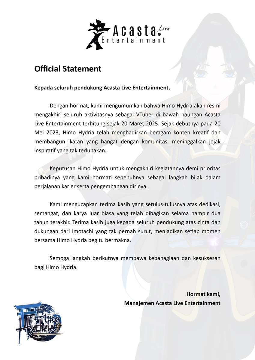 Pengumuman Kelulusan @HimoHydria

Dengan hati penuh haru, kami mengumumkan kelulusan @HimoHydria 

Terima kasih sebesar-besarnya kepada penonton dan Imotachi yang telah setia menemani perjalanan Himo. Dukungan dan cinta kalian adalah cahaya yang selalu menghangatkan hari-harinya.