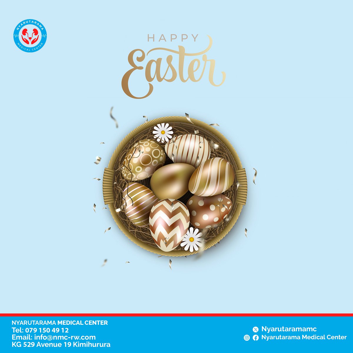 Wishing you a joyful and peaceful Easter filled with hope, health, and happiness.

From all of us at Nyarutarama Medical Center — Happy Easter!”