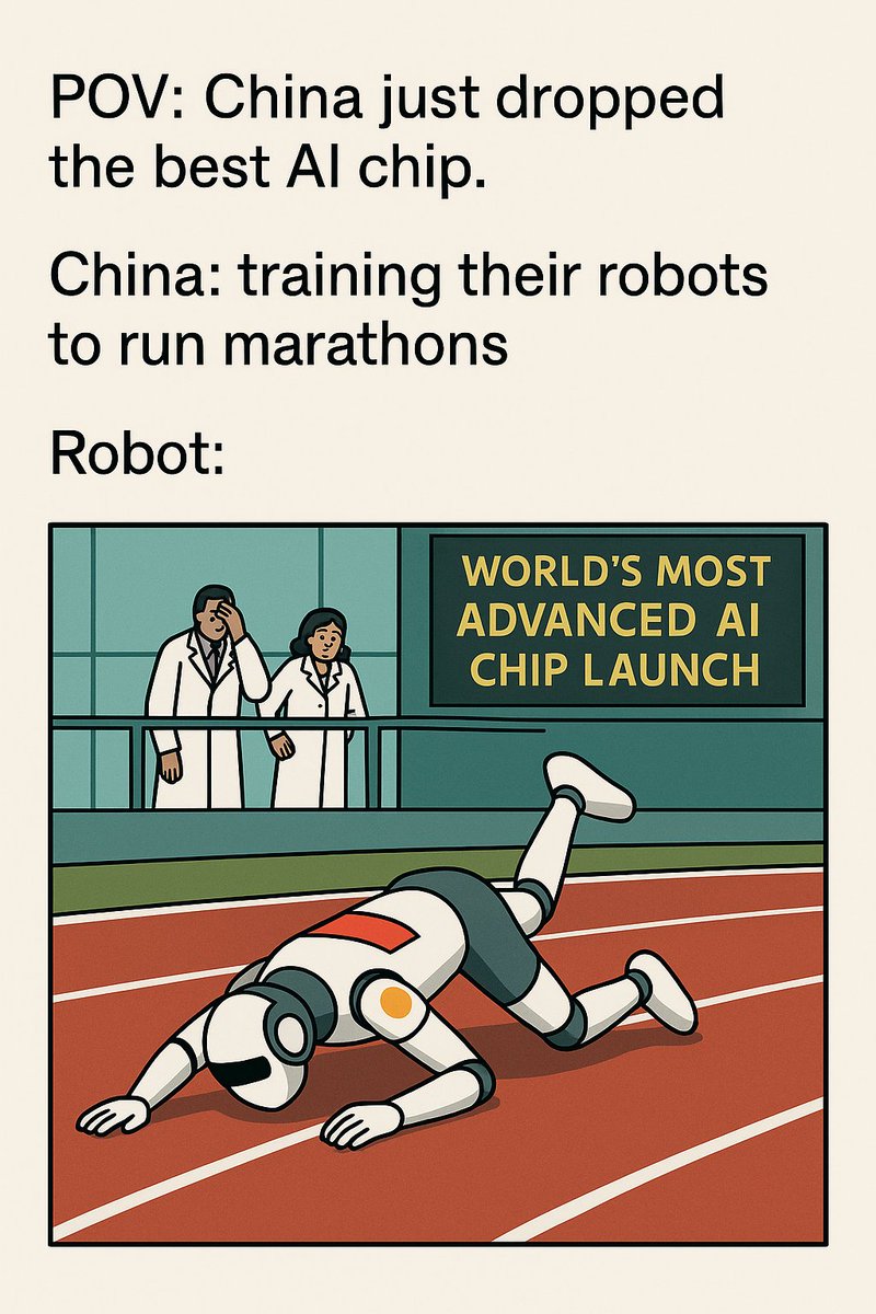 Bots_Win's tweet photo. POV: China just dropped the best AI chip.
China: training their robots to run marathons
@TripInChina @Bots_Win @nvidia 
#MemesAI #China #AIWar #AIolympics #AIathletes