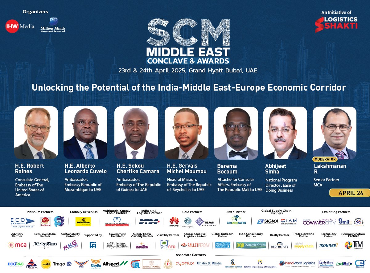 Logisticshakti's tweet photo. #SCMConclave : Pioneering Connectivity: Unlocking the Potential of the IME Corridor
📅 24th April, 11:00 AM – 11:40 AM GST
📍 Grand Hyatt, Dubai
To register as delegate, visit: https://t.co/h6TX0K54fs
#SCMMiddleEast #LogisticsShakti https://t.co/Lc9v9JHrOO