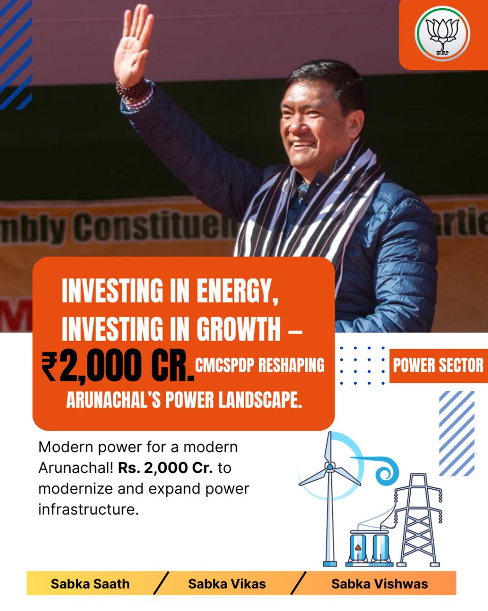 BJP4Arunachal's tweet photo. Modern Power for a Modern Arunachal!
With ₹2,000 Cr. investment under CMCSPDP Arunachal Pradesh is on the path to a modern, reliable, and inclusive power distribution network.
#EnergyForAll #ModernGrid #PoweringArunachal #SmartDistribution
@BJP4India @PemaKhanduBJP @ChownaMeinBJP @KalingMoyongBJP @TheAshokSinghal