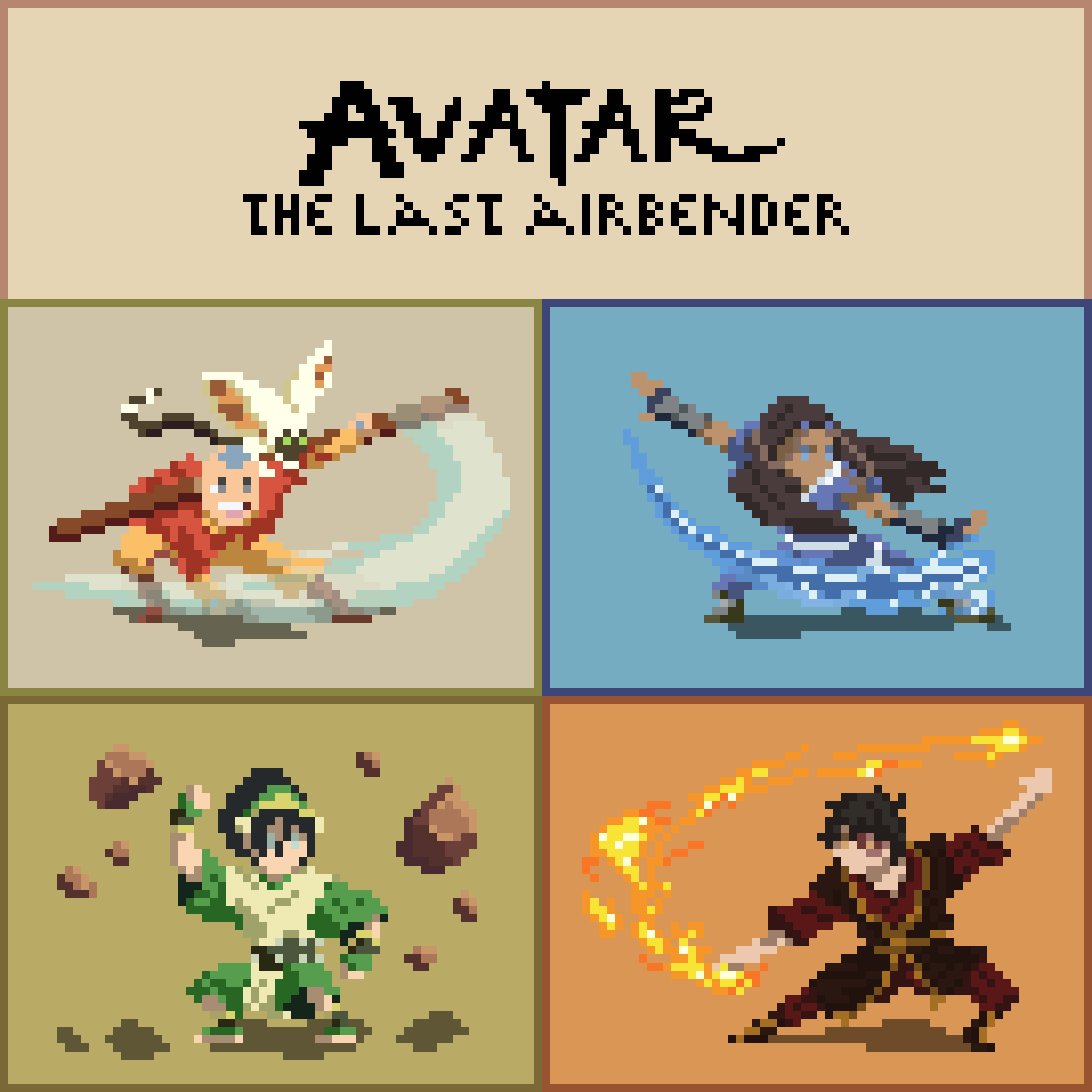 Yahlir's tweet photo. 20 years since Avatar: The Last Airbender premiered.
Working on these pieces pushed my pixel art further and made me step outside my comfort zone
Hope you enjoyed the tribute!
#avatarthelastairbender #atla #teamavatar #avatarfanart #FanArtFriday  #pixelart #pixelartist  #ドット絵 https://t.co/vKogmqXfye