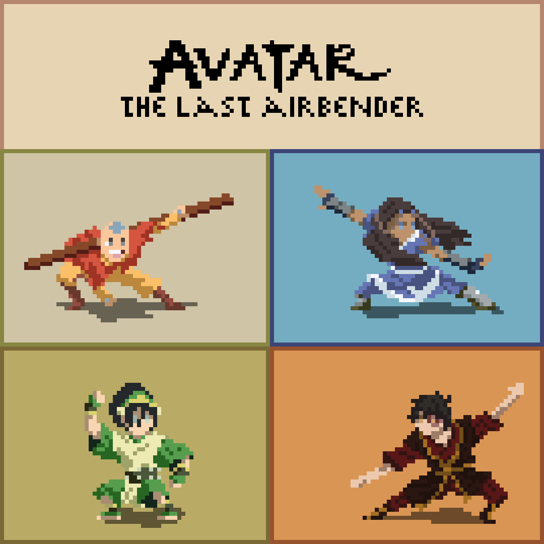 Yahlir's tweet photo. 20 years since Avatar: The Last Airbender premiered.
Working on these pieces pushed my pixel art further and made me step outside my comfort zone
Hope you enjoyed the tribute!
#avatarthelastairbender #atla #teamavatar #avatarfanart #FanArtFriday  #pixelart #pixelartist  #ドット絵 https://t.co/vKogmqXfye