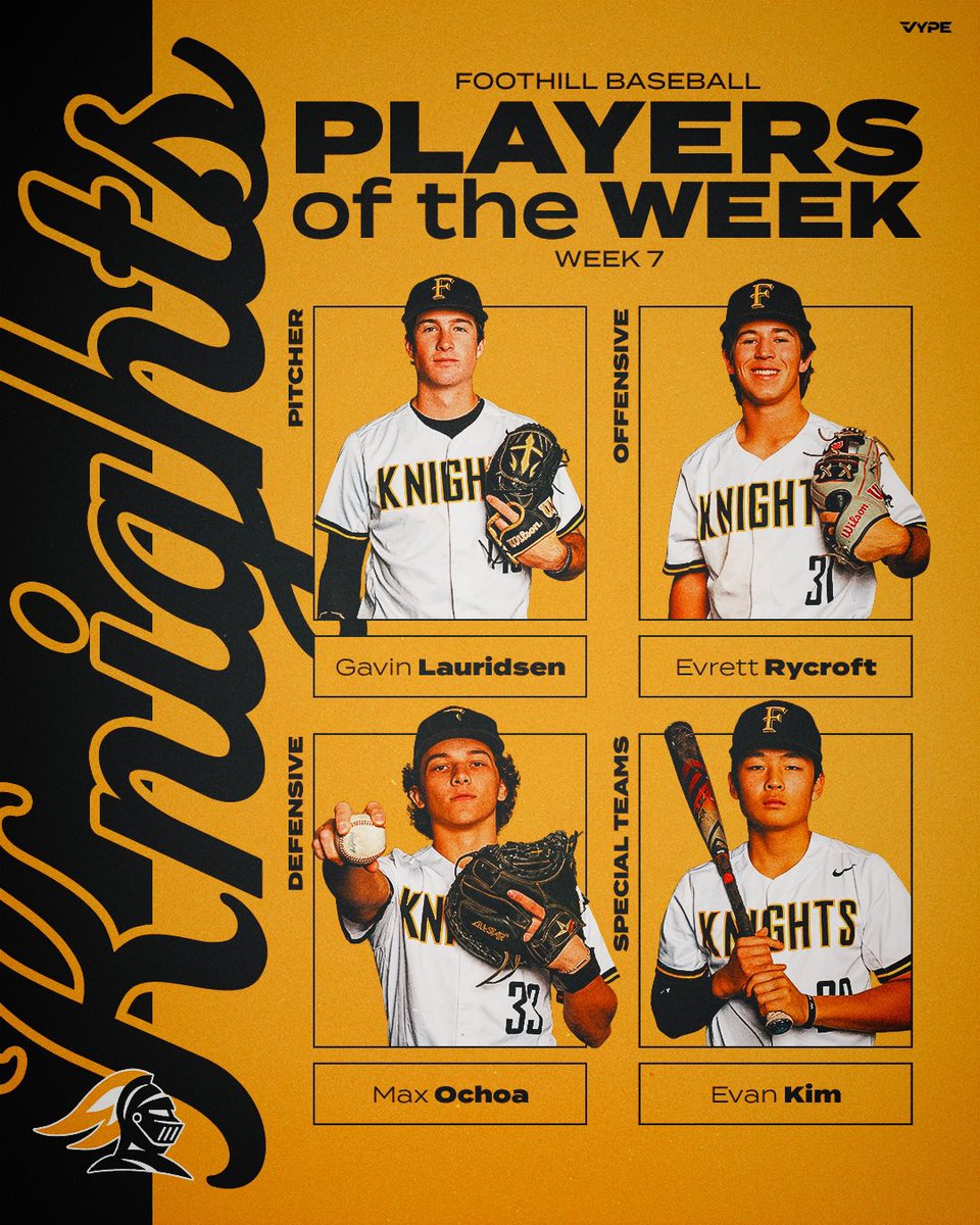 The Players of the Week for the Knights in Week 7:
Pitcher: <a href="/GavinLauridsen/">Gavin Lauridsen</a> W CG SO 7IP 3H 2BB 8K
Offensive: <a href="/Evrycroft12/">Evrycroft</a> 2-4 HR R 3RBI BB SAC
Defensive: <a href="/MaxOchoa_8/">Max Ochoa</a> 1.000 10 TC CS
Special Teams: <a href="/evank_0209/">Evan Kim</a> 4BB 2HBP 2SB