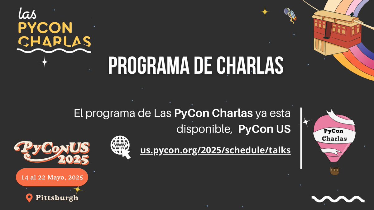 🎉 ¡Ya está disponible el programa de las #PyConCharlas en #PyConUS 2025! 🐍

🗓️ Ve y echa un vistazo a las increíbles charlas que tendremos en el track en Español este año✨

📍 Nos vemos en Pittsburgh

🔗 Mira el calendario aquí:
us.pycon.org/2025/schedule/…

#PyCon
#PythonEnEspañol
