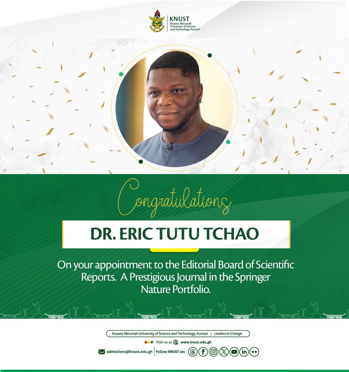 compengKNUST's tweet photo. ๐Computer Engineering's own Dr. Eric Tutu Tchao joins the Editorial Board of Scientific Reports โ 5th most-cited journal on Earth.
AI, IoT, Blockchain โ @dipperlabknust is pushing the tech stack higher.
#ComputerEngineeringAge
#KNUST
#DIPPERLab #TechLeadership https://t.co/N2xnMgS3sA