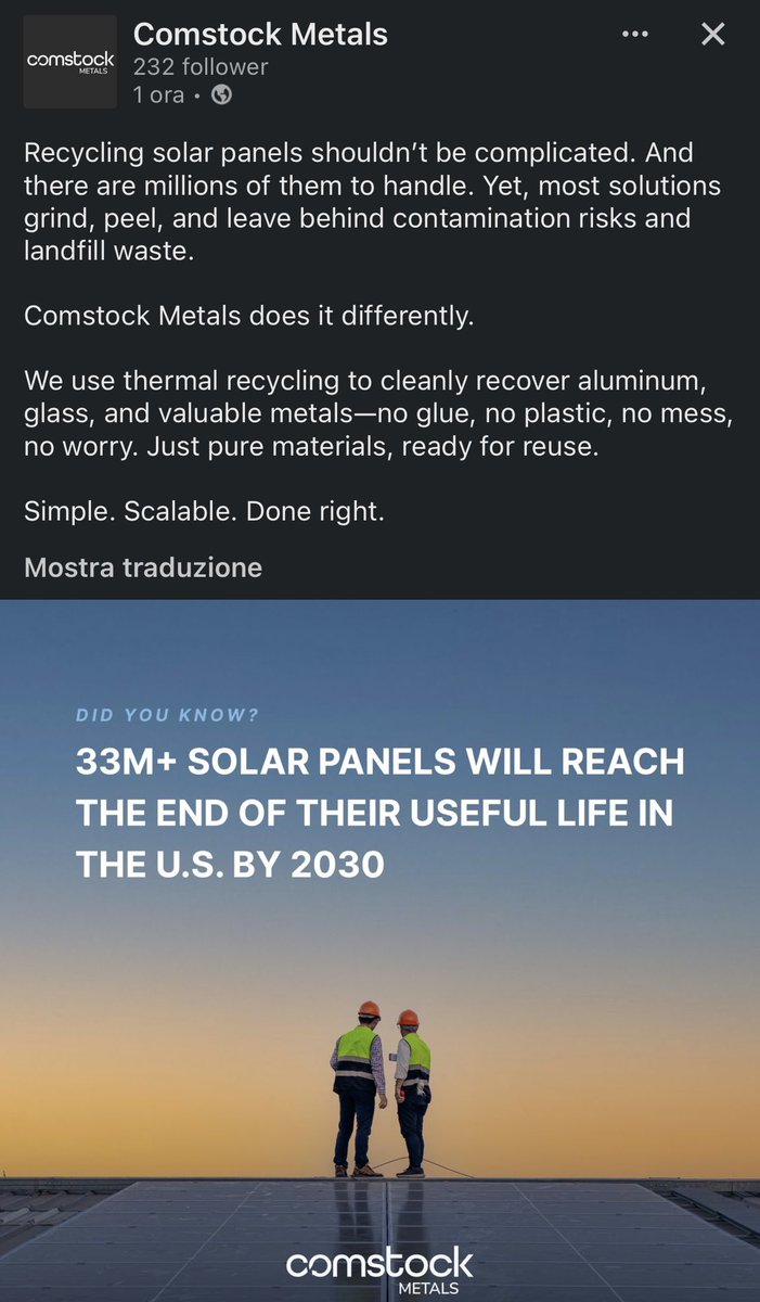 alessandrobanca's tweet photo. $LODE #NoWaste #NoLandfills #NoLiability #SolarPanelRecycling #EndOfLifeSolarManagement #Metals #Plastic #ComstockMetals https://t.co/sSM5UFiJbX