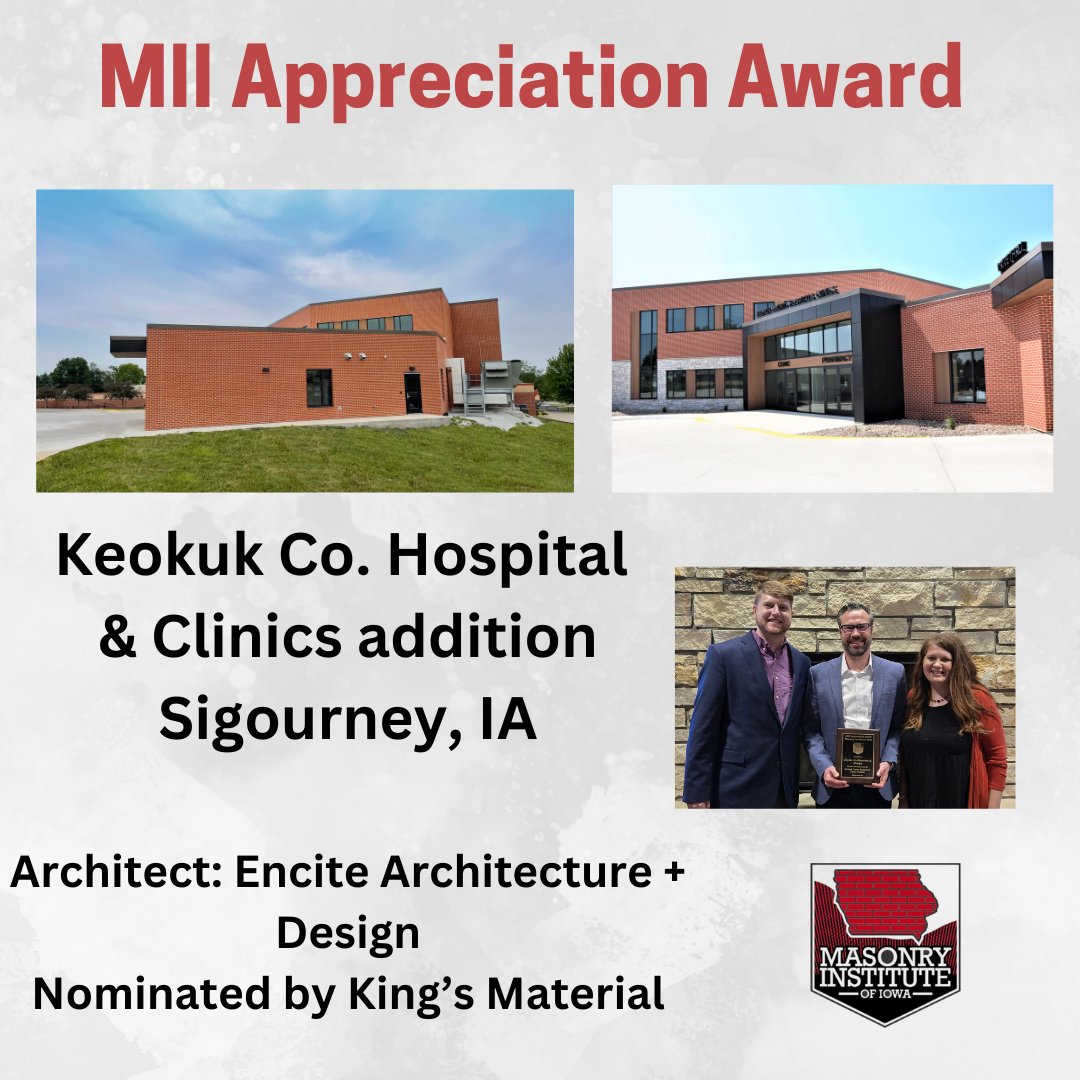 Congrats to Keokuk Co. Hospital &amp; Clinics for their addition in Sigourney, IA that received a MII Appreciation Award last week.  Encite Architecture + Design was the architect on the project. King's Material, Inc. nominated the project. #masonryiniowa #appreciationaward